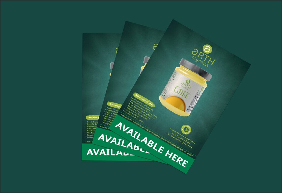 cow ghee marketing design, ghee Packaging design, packaging flyer design, Arth Organics, Premium ghee product label, label Design, poster design in Rajkot, poster design