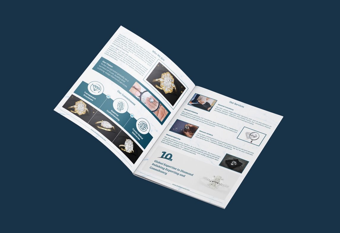 diamonds company brochure design, luxury jewelry brochure cover, diamond company catalogue design, premium diamond brochure layout, jewelry brand marketing collateral
