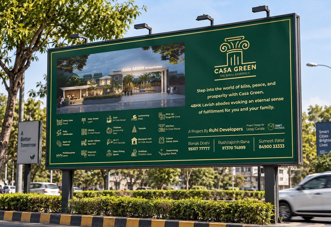 Casa Green roadside hoarding listing 20 amenities and sales contacts for Ruhi Developers