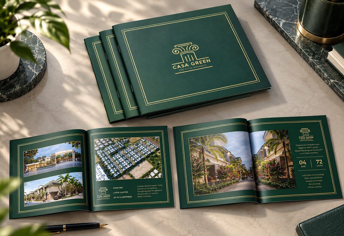 Casa Green square brochure with green cover, gold border and 04 BHK, 72 units spread