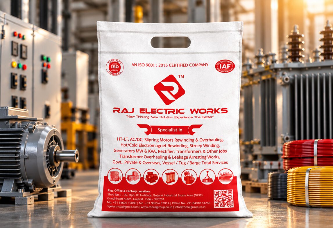 Raj Electric Works printed carry bag listing motor rewinding and transformer services