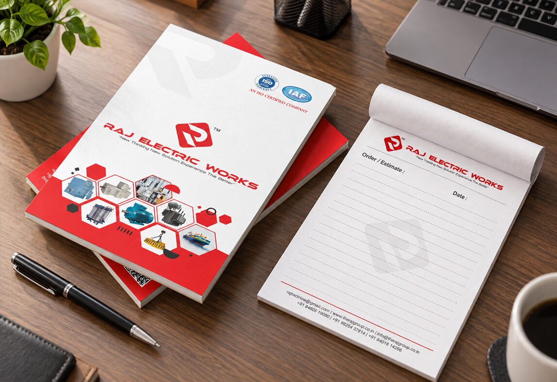Raj Electric Works brochure cover and Order / Estimate rough pad