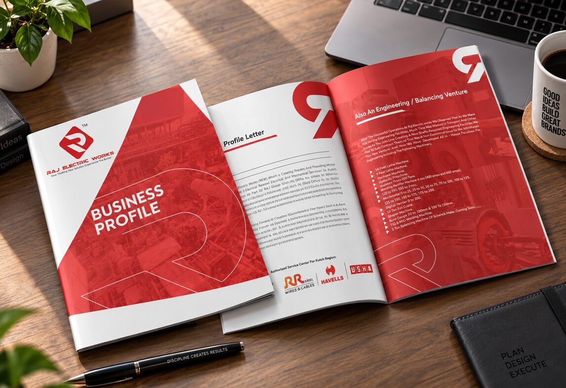 Raj Electric Works business profile brochure, open on the engineering facilities spread