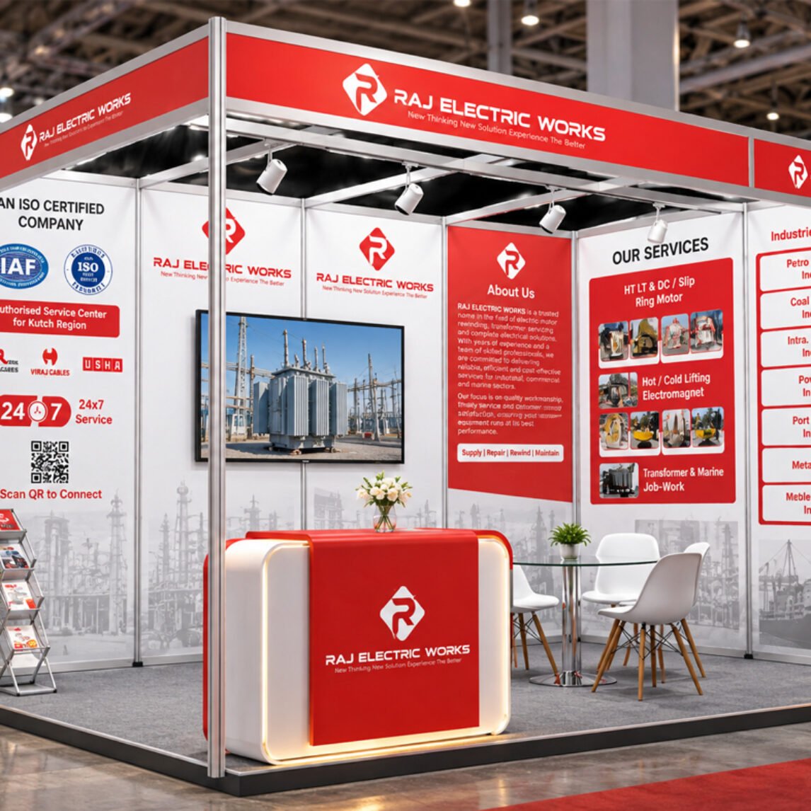 Raj Electric Works exhibition stall with red fascia, certification, services and industries panels