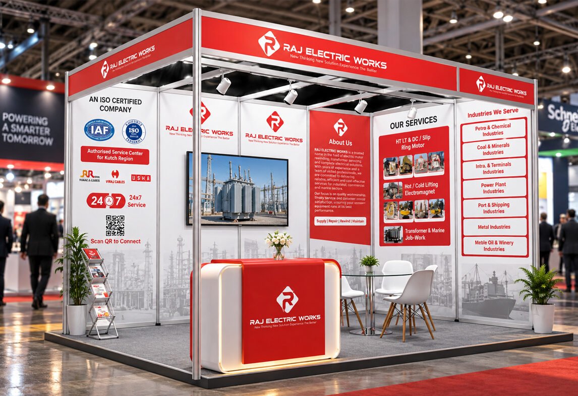 Raj Electric Works exhibition stall with red fascia, certification, services and industries panels