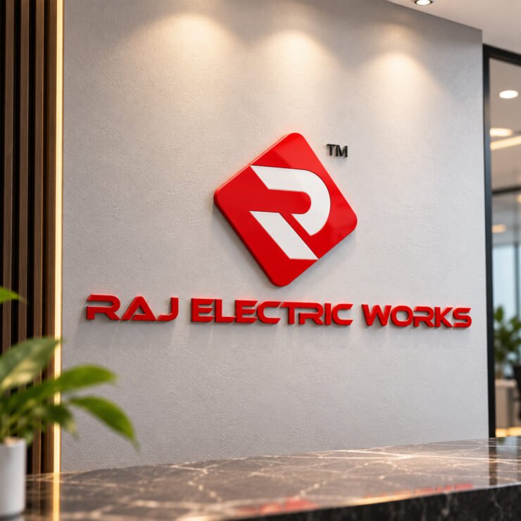 Raj Electric Works red diamond logo on an office wall