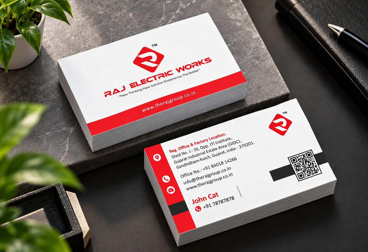 Raj Electric Works business cards, front and back